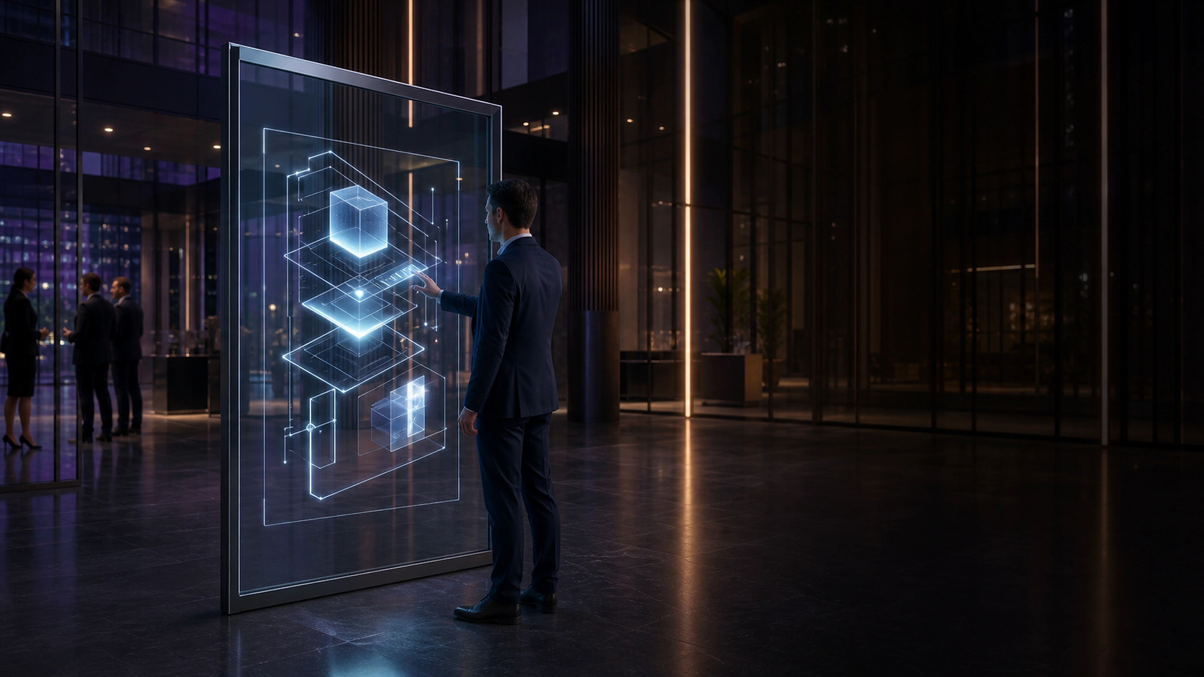 Transparent UNIT OLED glass display with a luminous interface in a lobby